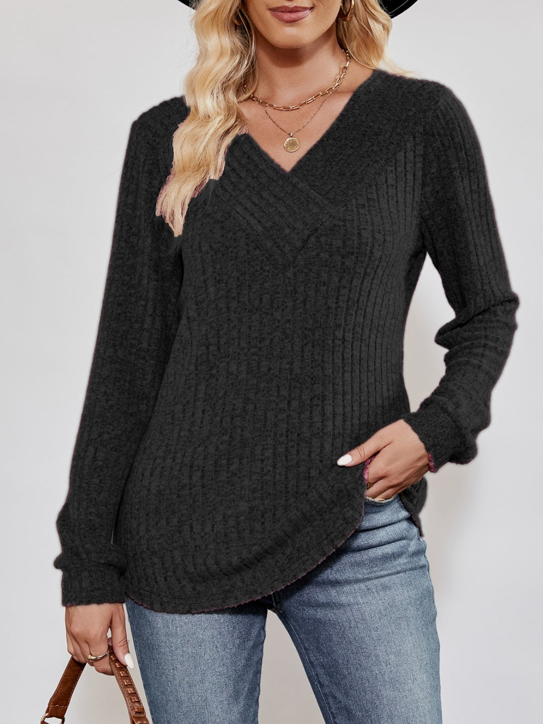 Alice | Women's V-Neck Ribbed Long Sleeve Top