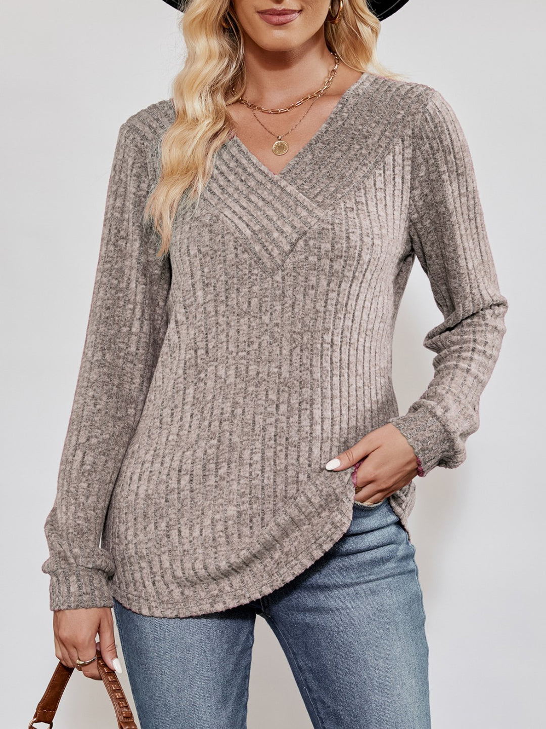 Alice | Women's V-Neck Ribbed Long Sleeve Top