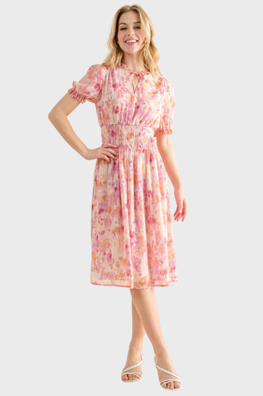 Victoria | Women's Full Size Smocked Waist Printed Midi Dress