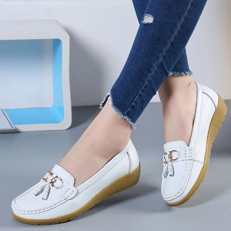 White Women’s Classic Comfort Slip-On Ballerinas on the model