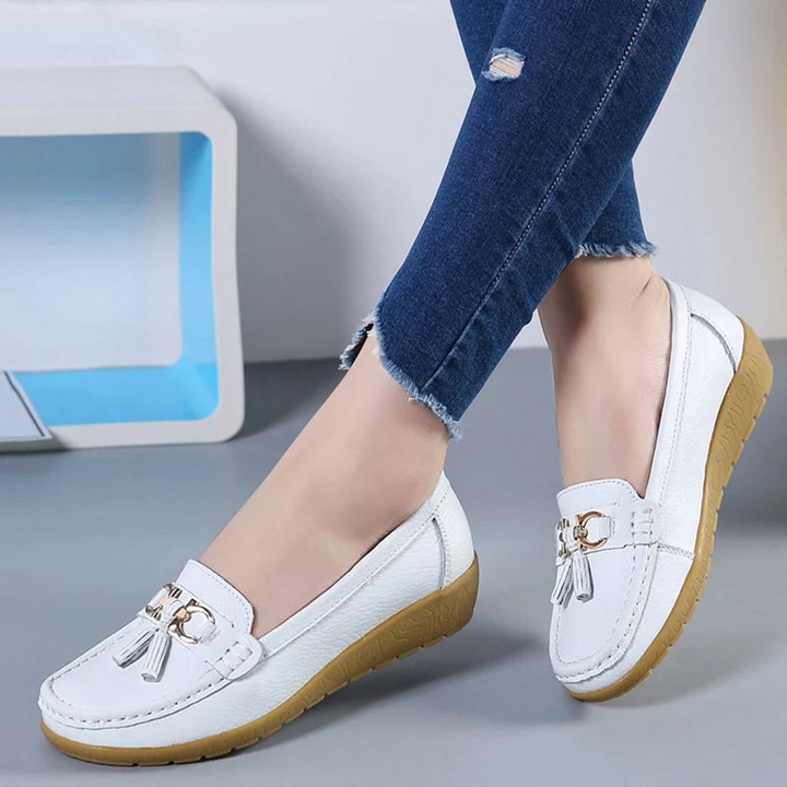 White Women’s Classic Comfort Slip-On Ballerinas on the model