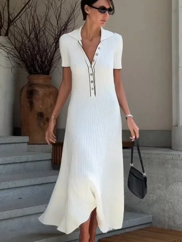Women’s Ribbed Knit Maxi Dress with Collared V-Neck Buttoned