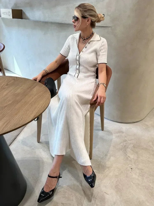 Women’s Ribbed Knit Maxi Dress with Collared V-Neck Buttoned
