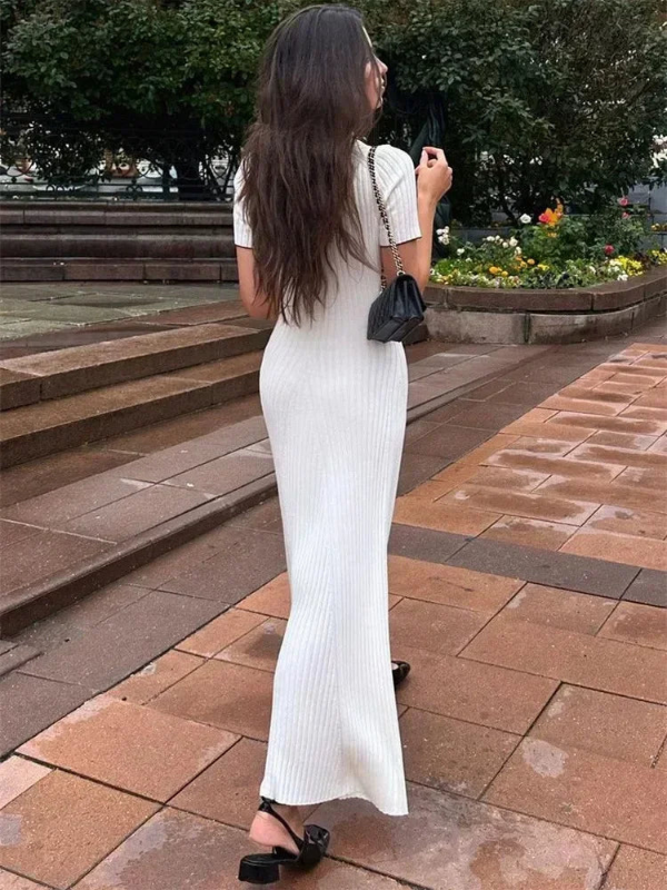 Women’s Ribbed Knit Maxi Dress with Collared V-Neck Buttoned