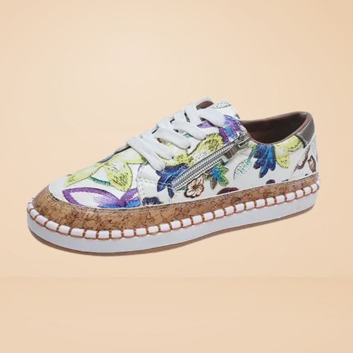 White/Yellow Women’s Embroidered Breathable Comfort Slip-On Shoes on the model