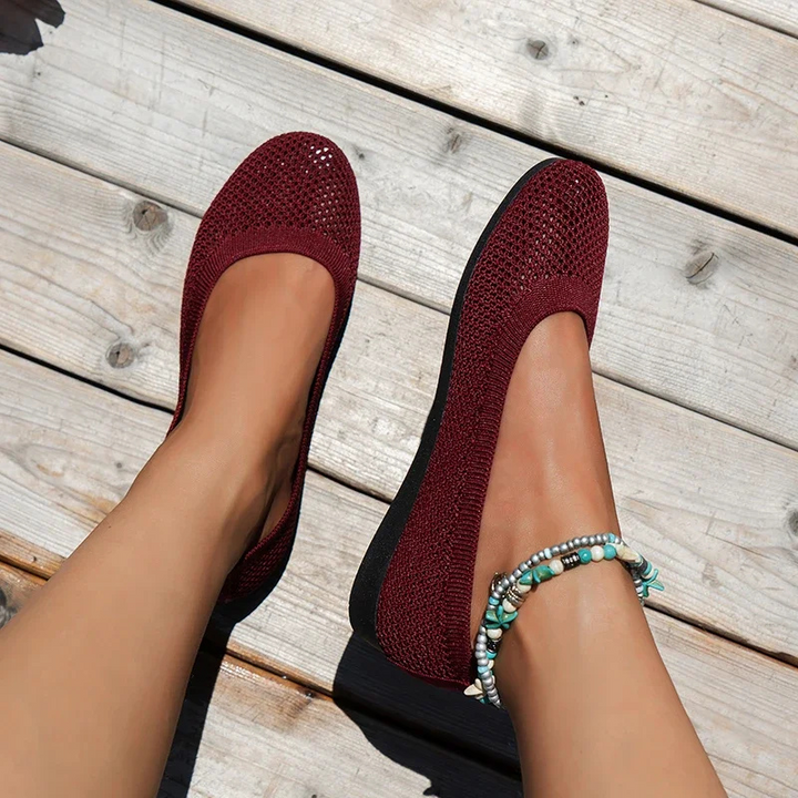 Wine Red Women’s Breathable Mesh Slip-On Flats on the model