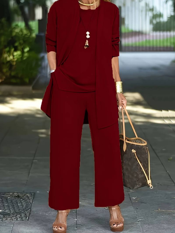 Wine Red Women’s Everyday Comfort Three-Piece Lounge Set on the model