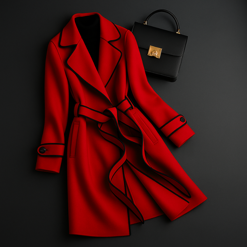 Women's A-Line Wool Coat with Belted Waist and Wide Lapel
