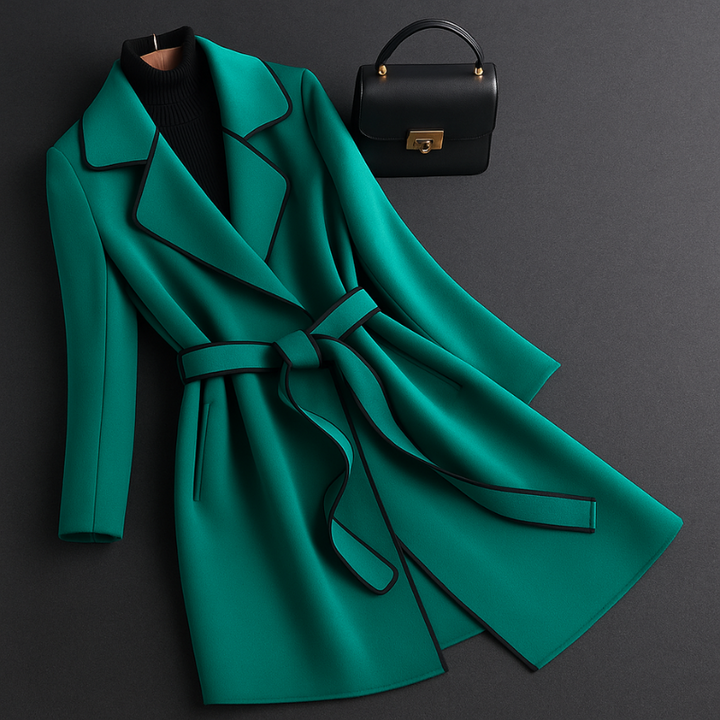 Women's A-Line Wool Coat with Belted Waist and Wide Lapel