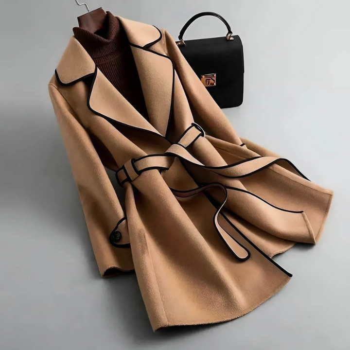 Women's A-Line Wool Coat with Belted Waist and Wide Lapel