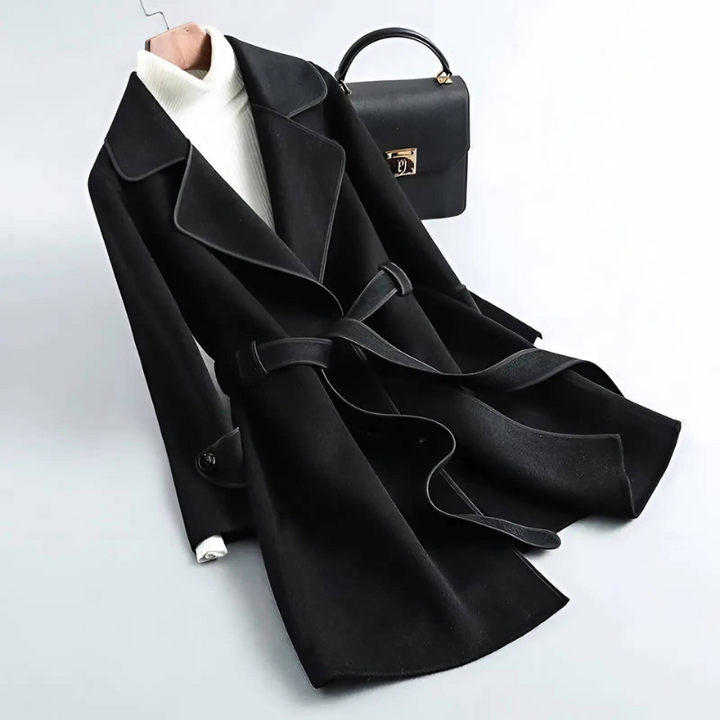 Women's A-Line Wool Coat with Belted Waist and Wide Lapel