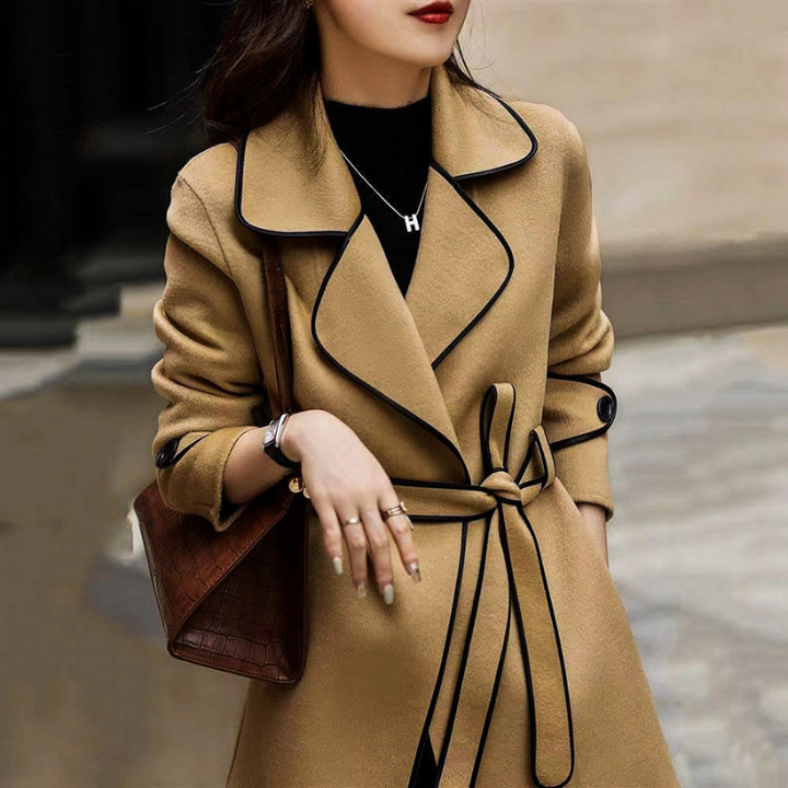 Women's A-Line Wool Coat with Belted Waist and Wide Lapel