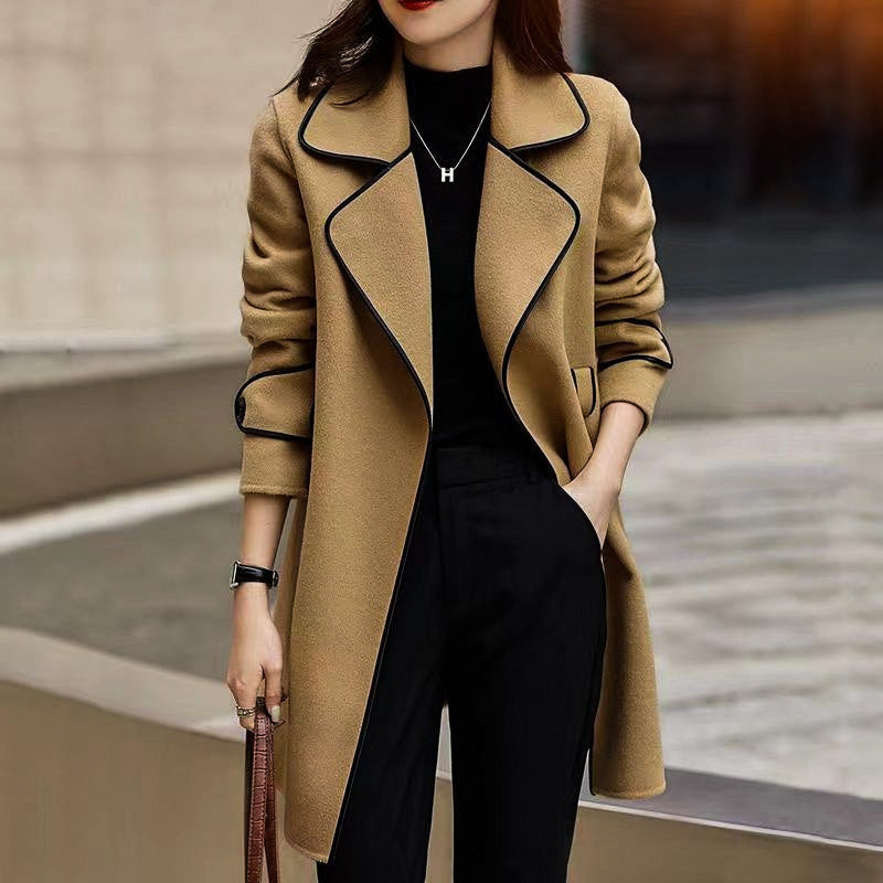 Women's A-Line Wool Coat with Belted Waist and Wide Lapel