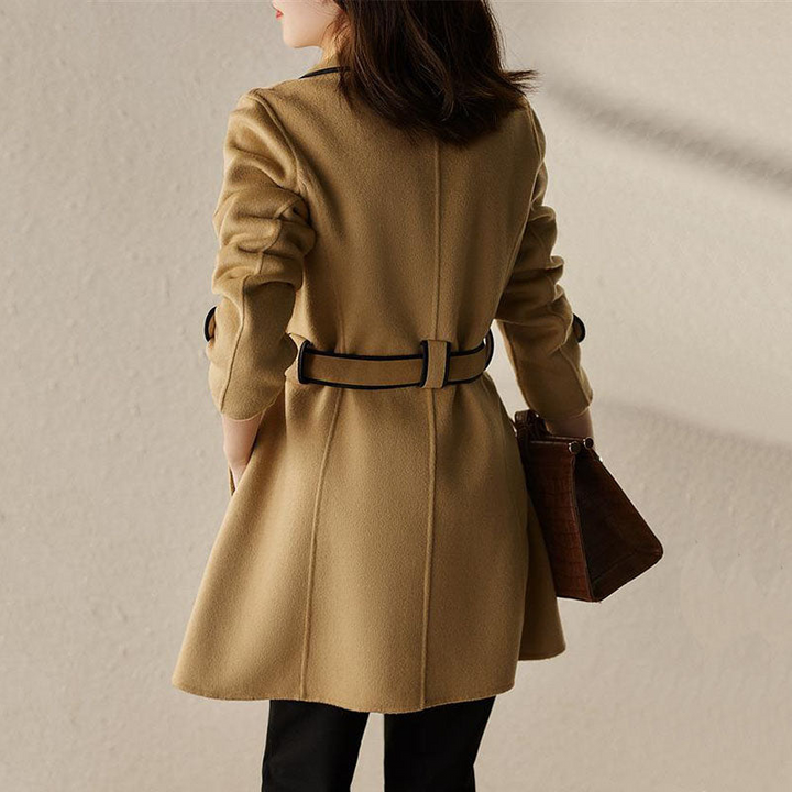 Women's A-Line Wool Coat with Belted Waist and Wide Lapel