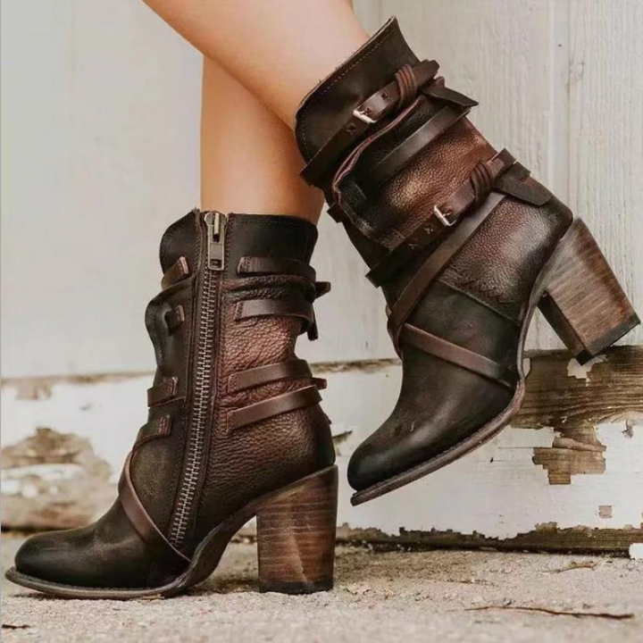 Women's Ankle Boots with Buckle Straps and Block Heel