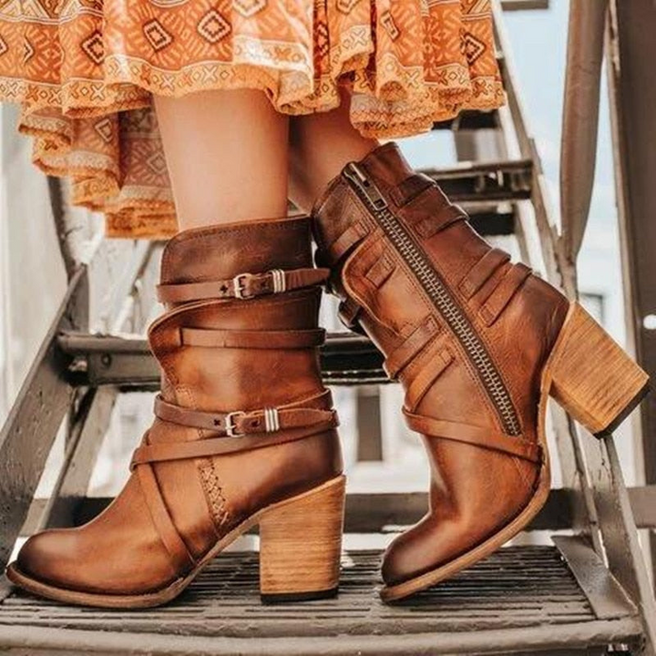 Women's Ankle Boots with Buckle Straps and Block Heel