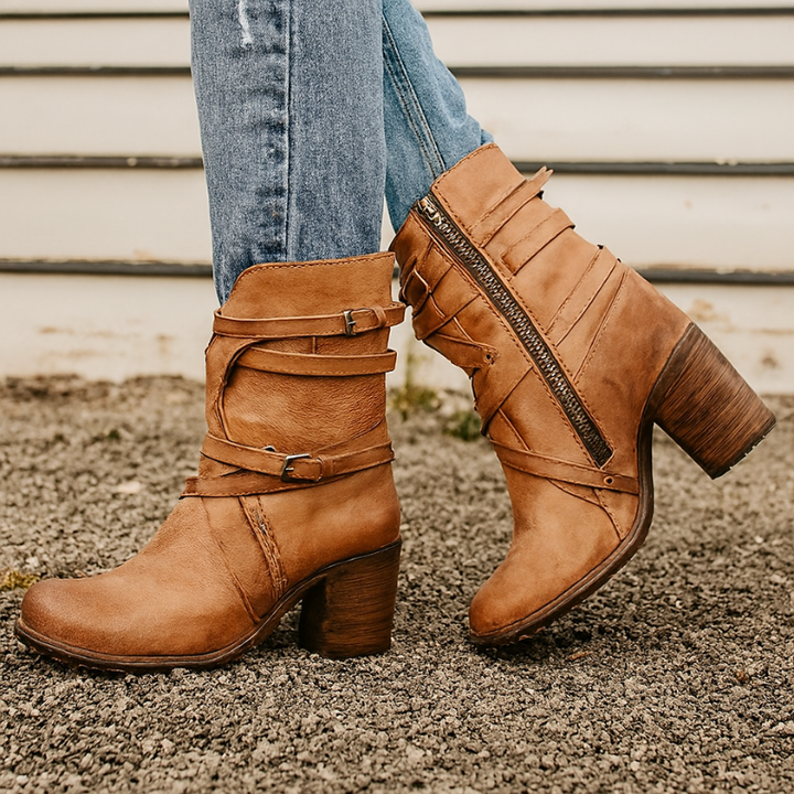Women's Ankle Boots with Buckle Straps and Block Heel