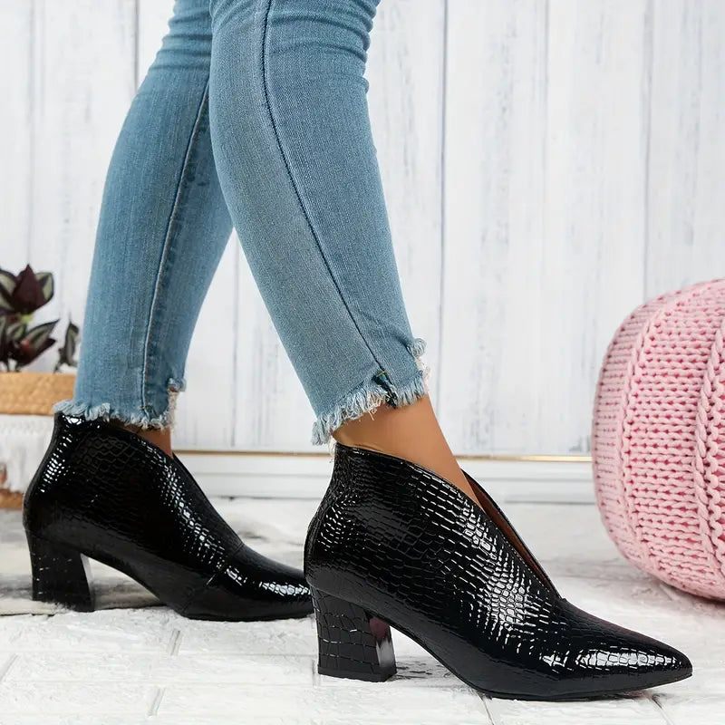 Women's Ankle Boots - Curved Cut and Mid Block Heel