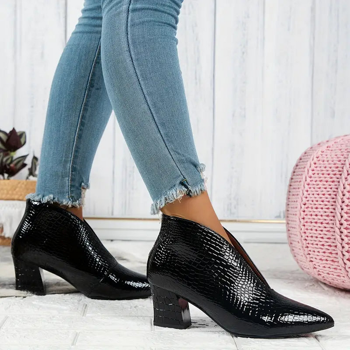 Women's Ankle Boots - Curved Cut and Mid Block Heel