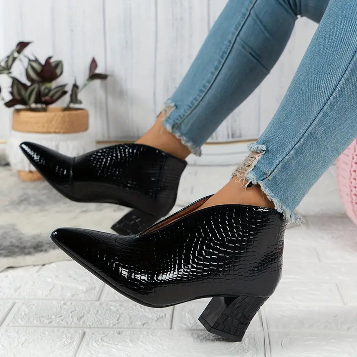 Women's Ankle Boots - Curved Cut and Mid Block Heel
