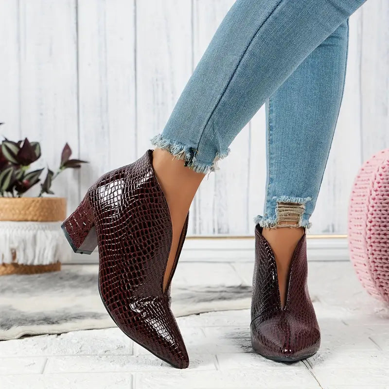 Women's Ankle Boots - Curved Cut and Mid Block Heel