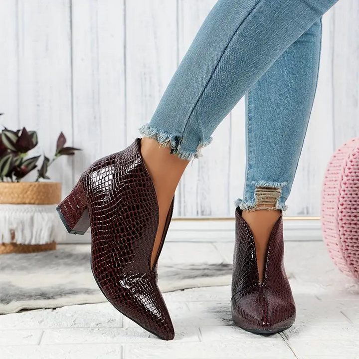 Women's Ankle Boots - Curved Cut and Mid Block Heel