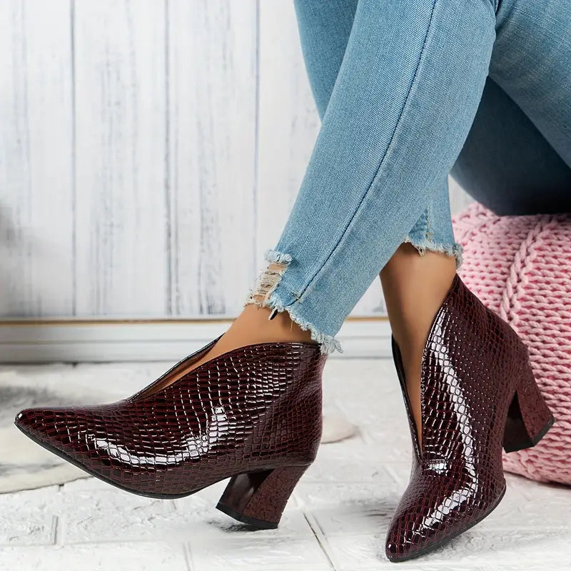 Women's Ankle Boots - Curved Cut and Mid Block Heel