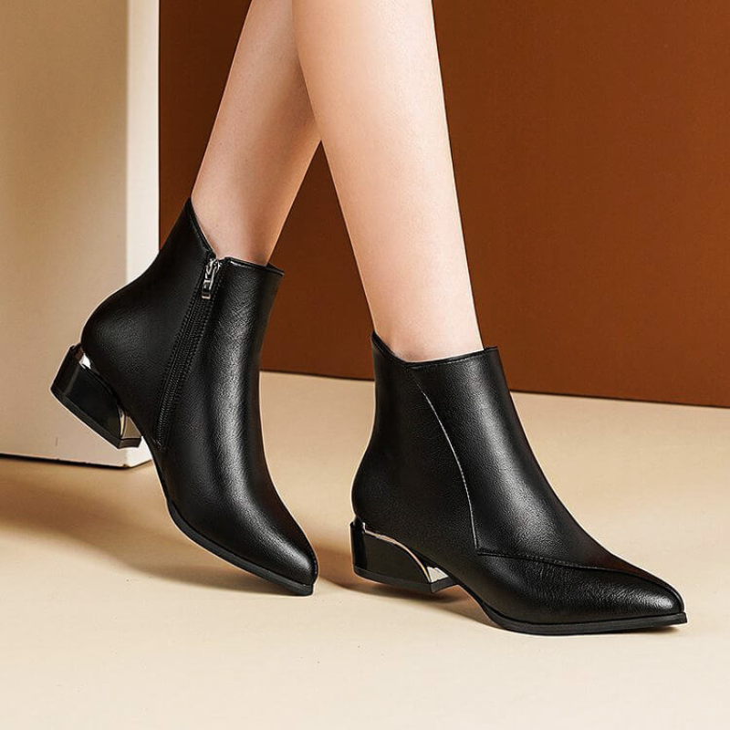 Women's Ankle Boots with Side Zipper and Low Heel