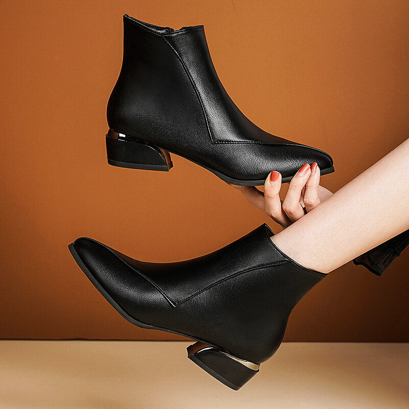 Women's Ankle Boots with Side Zipper and Low Heel