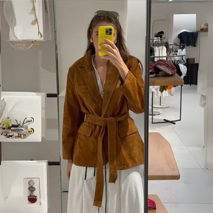 Women's Belted Coat – Long Sleeve Lapel Style for Autumn