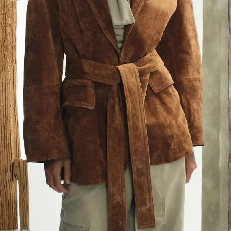Women's Belted Coat – Long Sleeve Lapel Style for Autumn