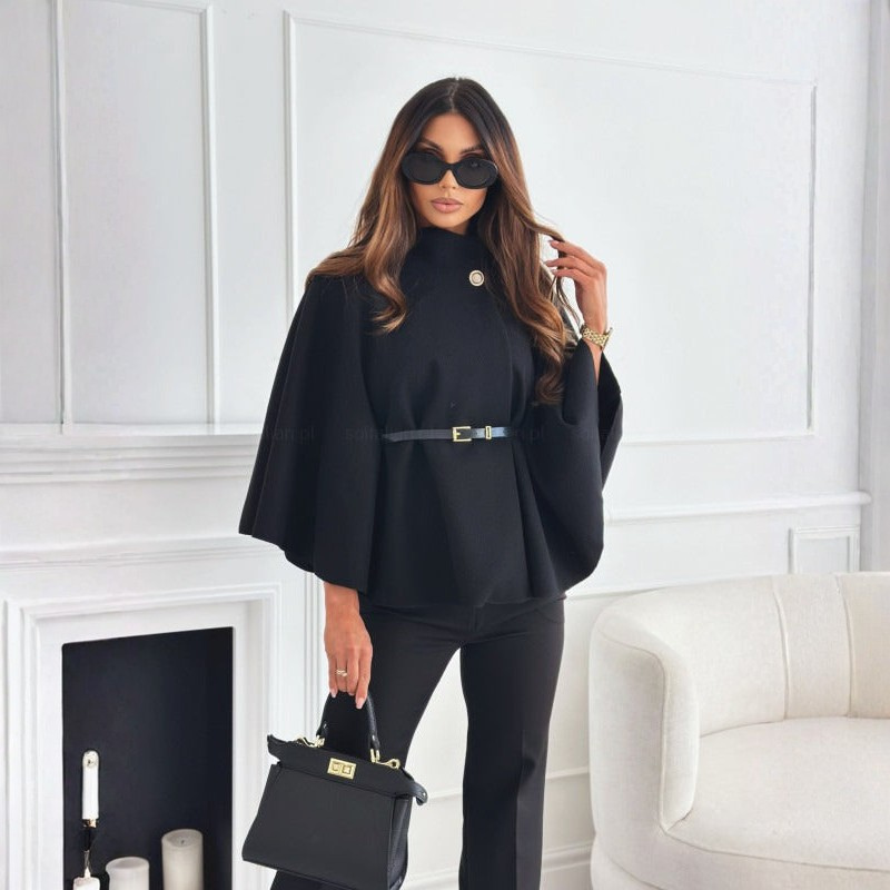 Women's Belted Winter Coat – High Neck Cape Design for Elegant Wear