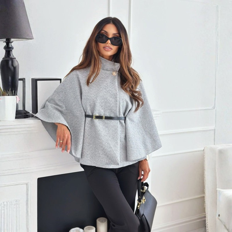 Women's Belted Winter Coat – High Neck Cape Design for Elegant Wear