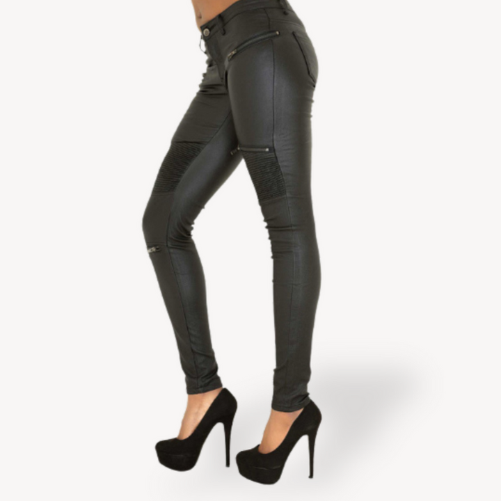 Women's Black Leather Moto Slim Fit Pants with Ribbed Panels and Zipper