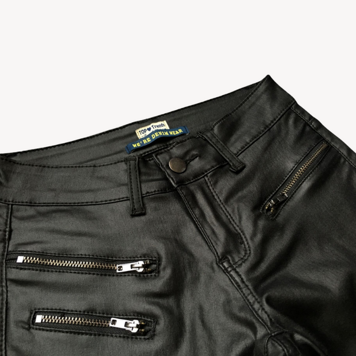 Women's Black Leather Moto Slim Fit Pants with Ribbed Panels and Zipper