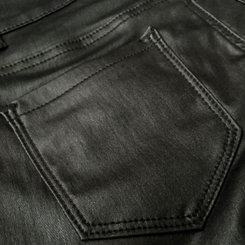 Women's Black Leather Moto Slim Fit Pants with Ribbed Panels and Zipper
