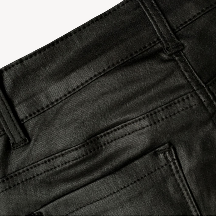 Women's Black Leather Moto Slim Fit Pants with Ribbed Panels and Zipper
