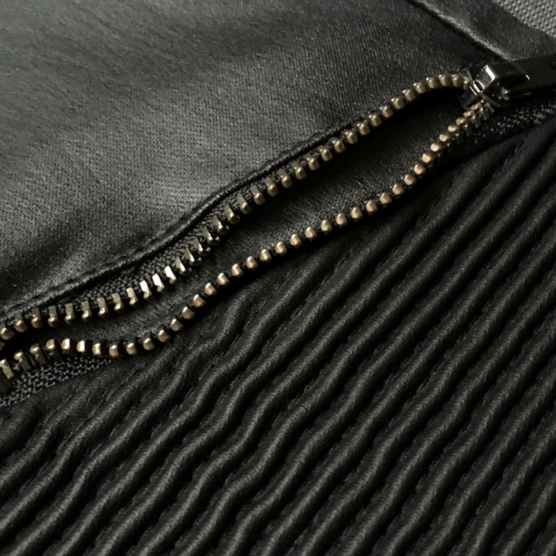 Women's Black Leather Moto Slim Fit Pants with Ribbed Panels and Zipper
