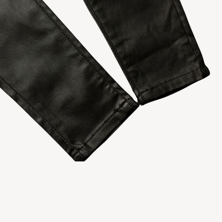 Women's Black Leather Moto Slim Fit Pants with Ribbed Panels and Zipper