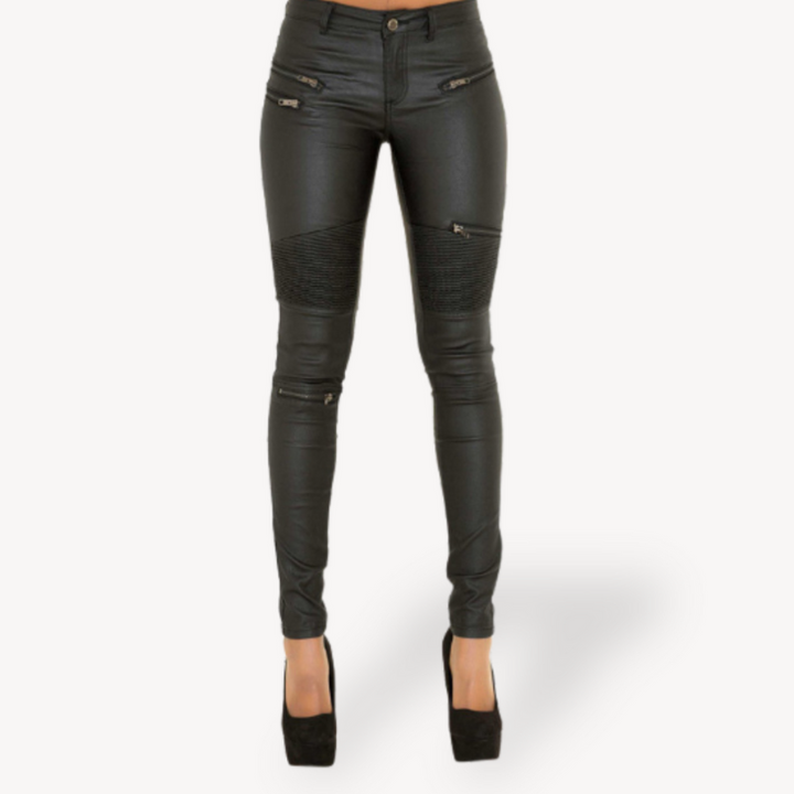 Women's Black Leather Moto Slim Fit Pants with Ribbed Panels and Zipper