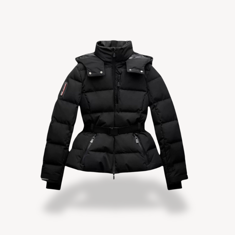 Women's Black Puffer Jacket Winter Coat with Belted Waist