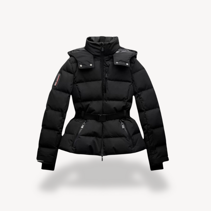 Women's Black Puffer Jacket Winter Coat with Belted Waist