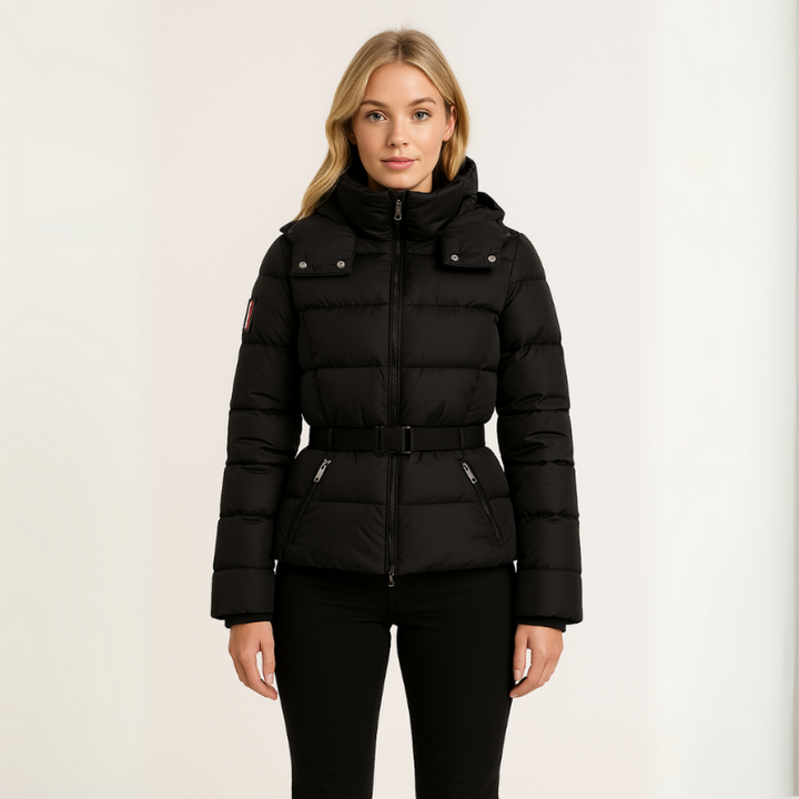 Women's Black Puffer Jacket Winter Coat with Belted Waist