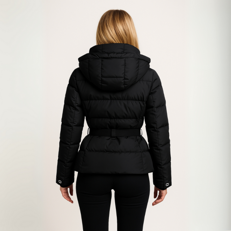 Women's Black Puffer Jacket Winter Coat with Belted Waist