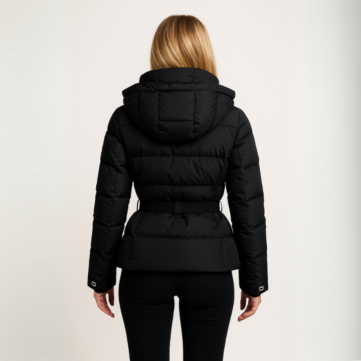 Women's Black Puffer Jacket Winter Coat with Belted Waist