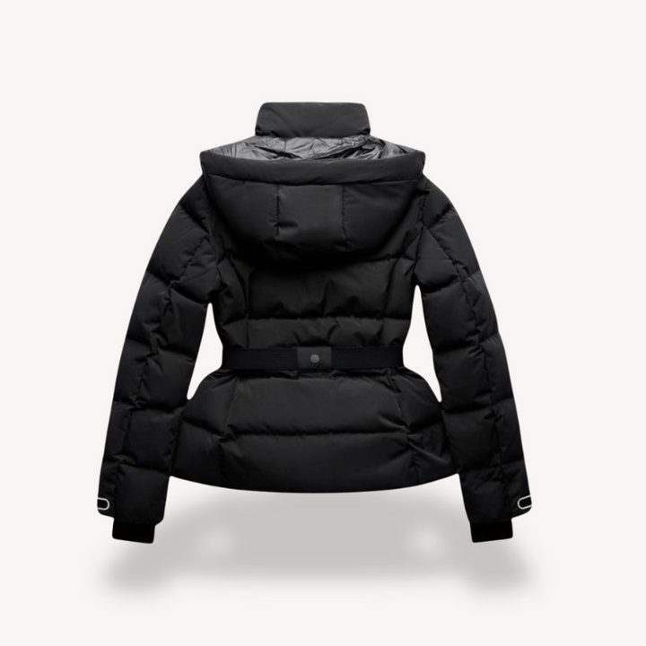 Women's Black Puffer Jacket Winter Coat with Belted Waist