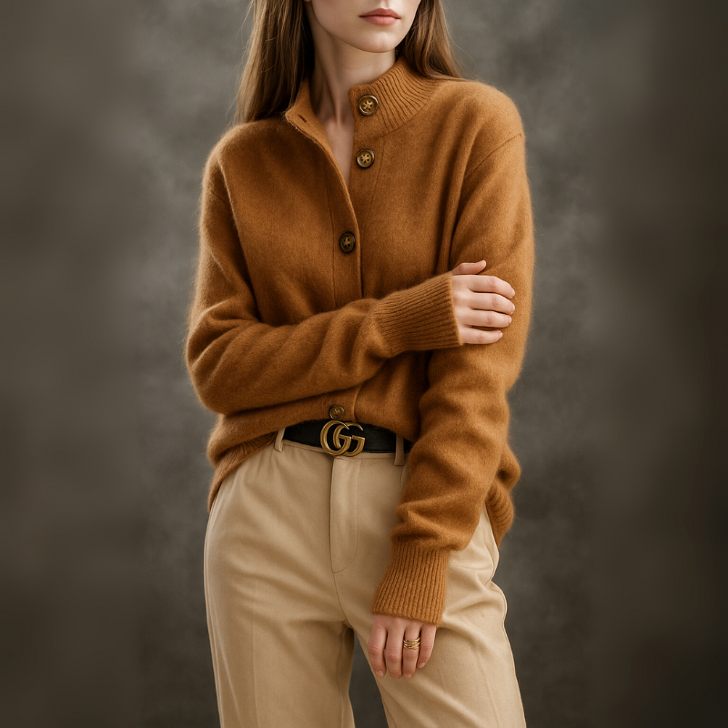 Women's Cardigan Sweater with Half-High Neck Design