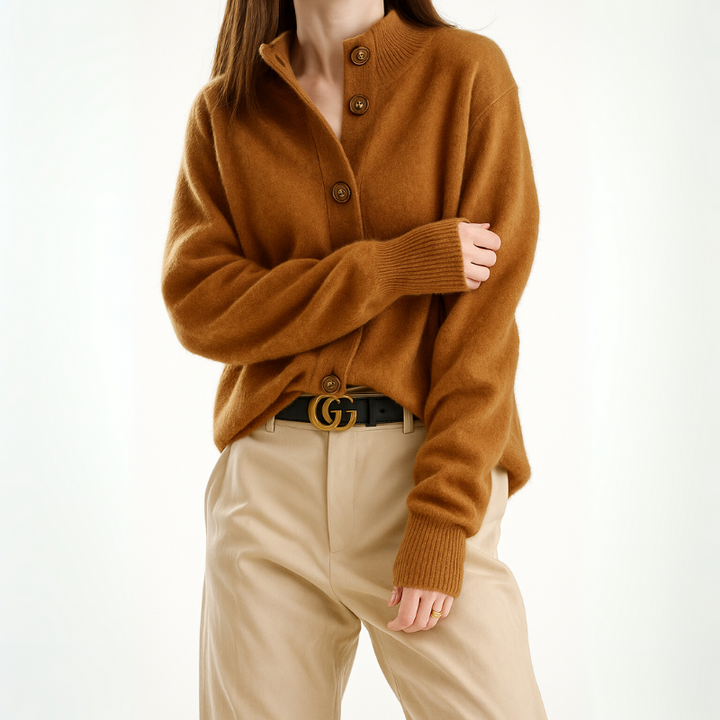 Women's Cardigan Sweater with Half-High Neck Design