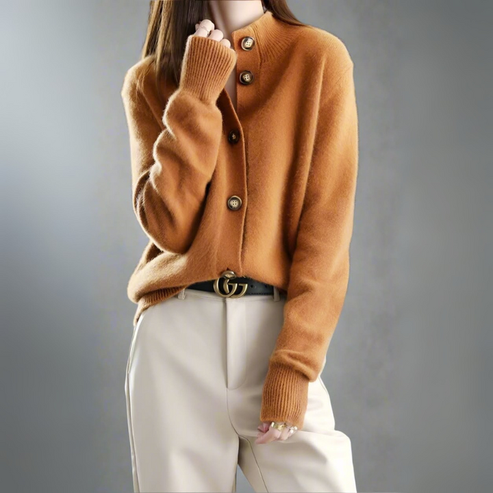 Women's Cardigan Sweater with Half-High Neck Design