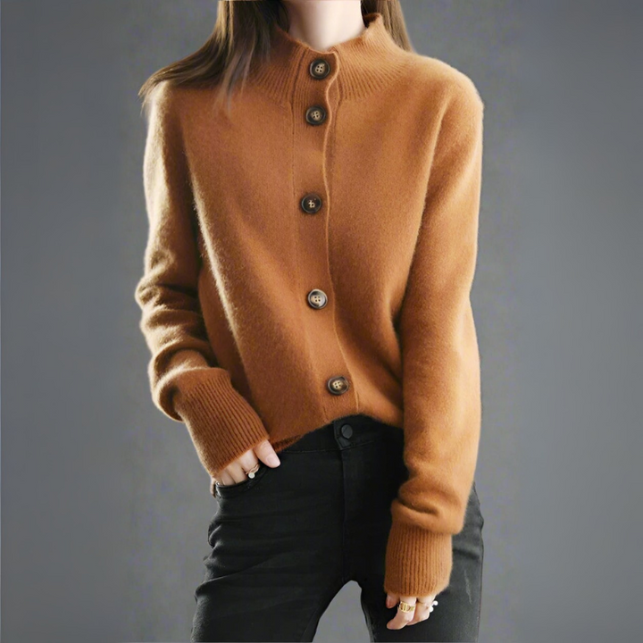 Women's Cardigan Sweater with Half-High Neck Design